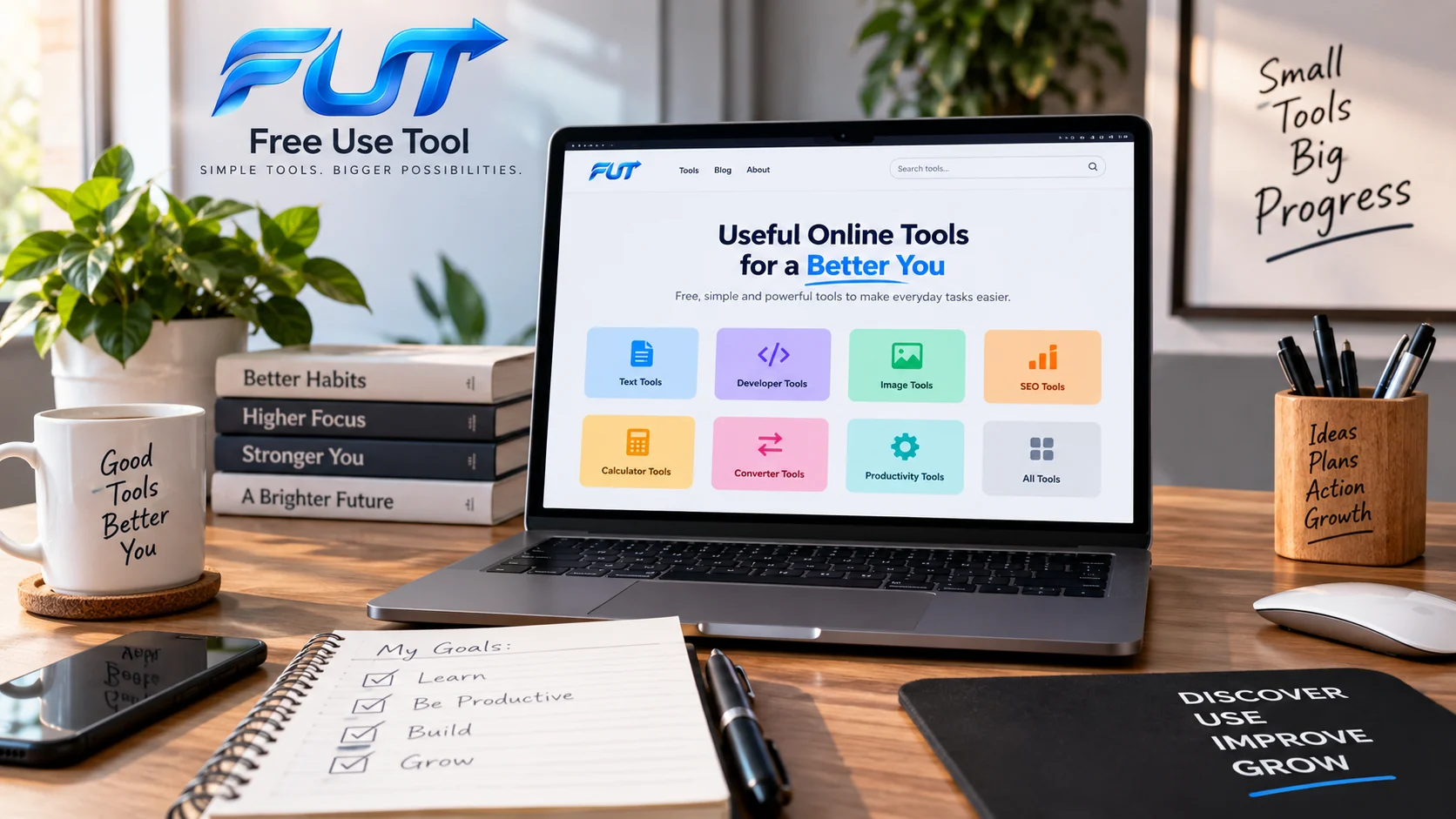 Free Use Tool online tools for personal growth on a modern workspace