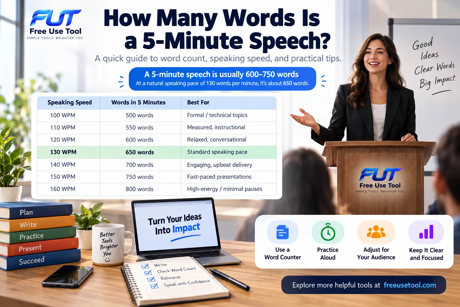 5-minute speech word count guide showing speaking speed and estimated words