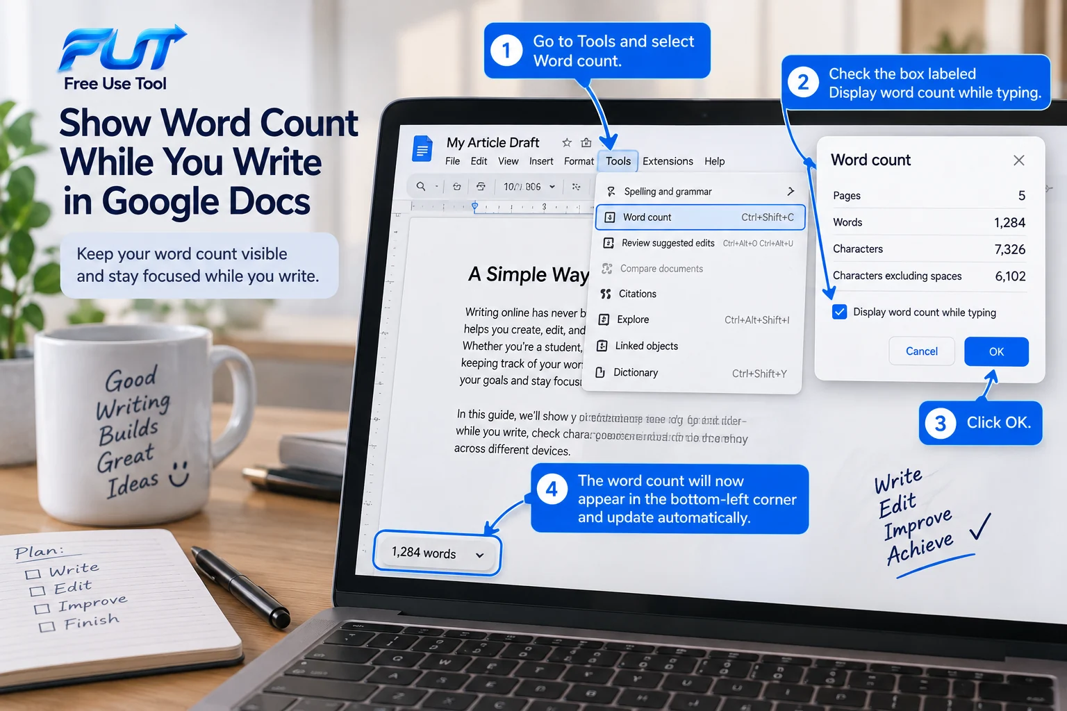 How to display word count while writing in Google Docs
